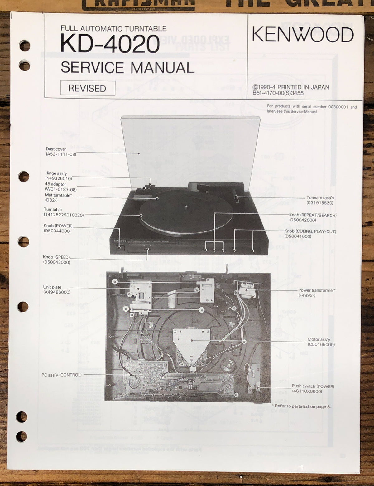 Kenwood KD-4020 Record Player / Turntable  Service Manual *Original*