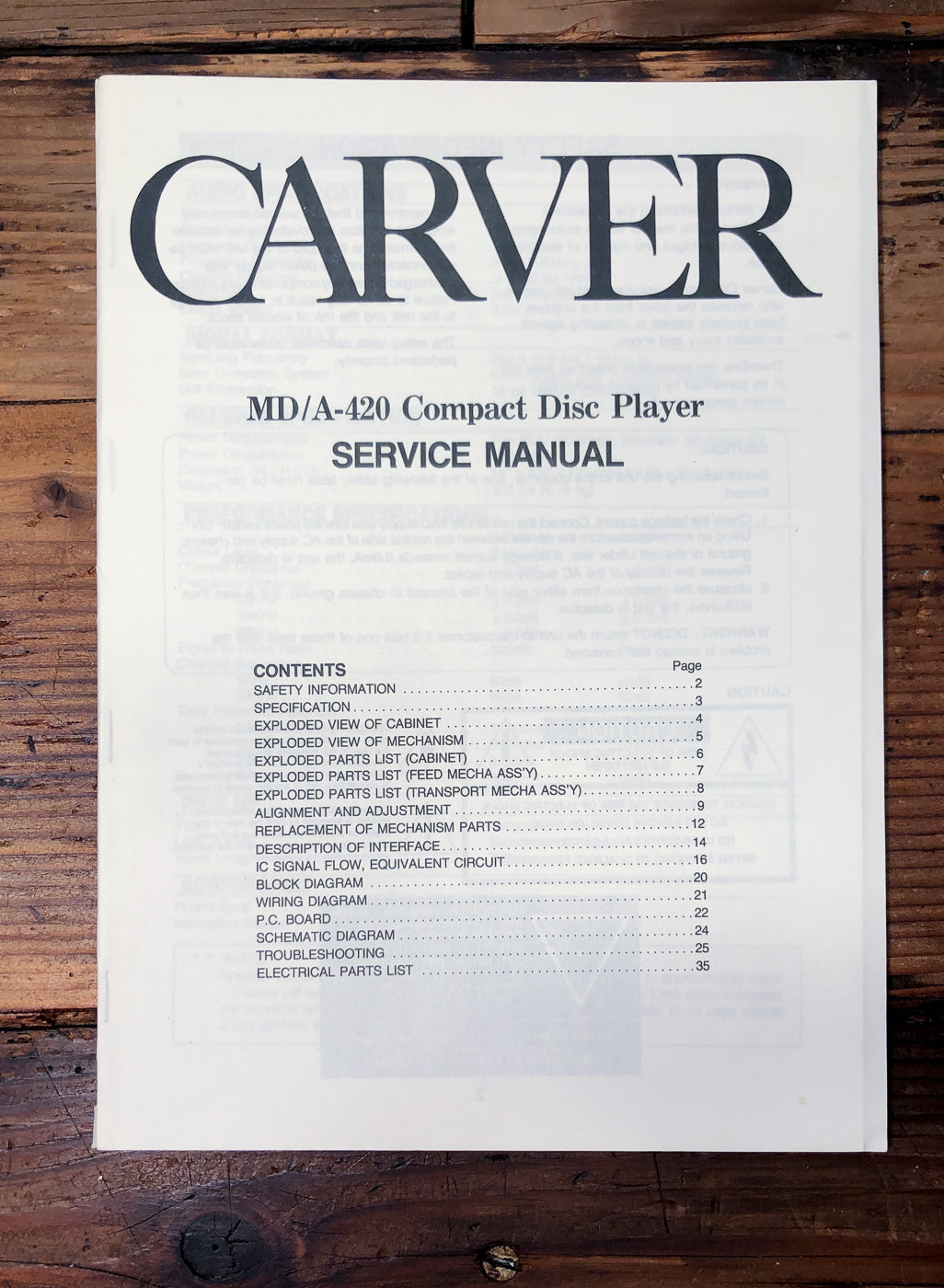 Carver MD/A-420 CD Player Service Manual *Original*