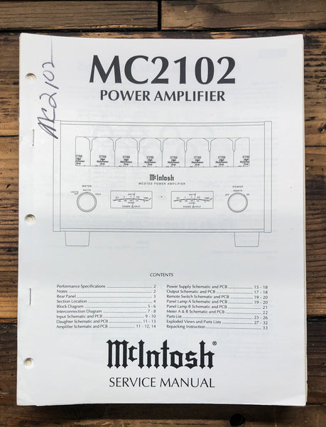 McIntosh MC2102 MC-2102 Amplifier  Service Manual *Original*