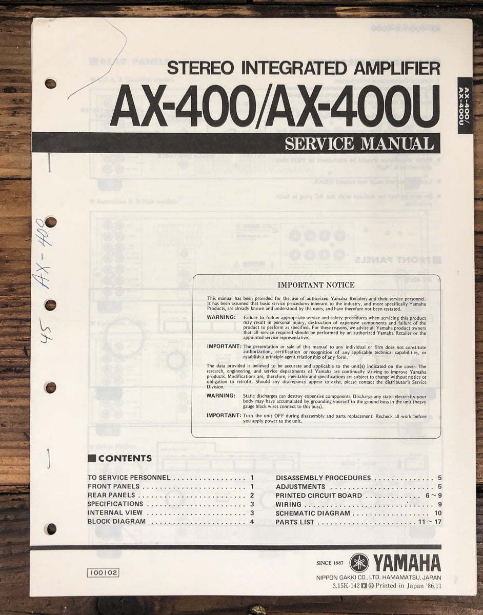 Yamaha AX-400 AX-400U Amplifier Owners / User Manual *Original*