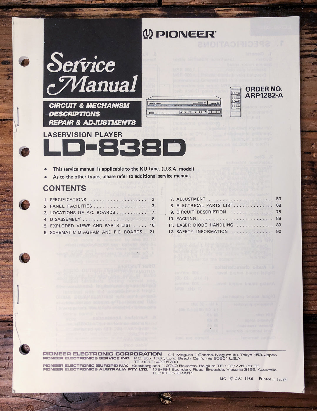 Pioneer LD-838D LaserVision Player Service Manual *Original*