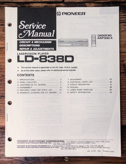Pioneer LD-838D LaserVision Player Service Manual *Original*