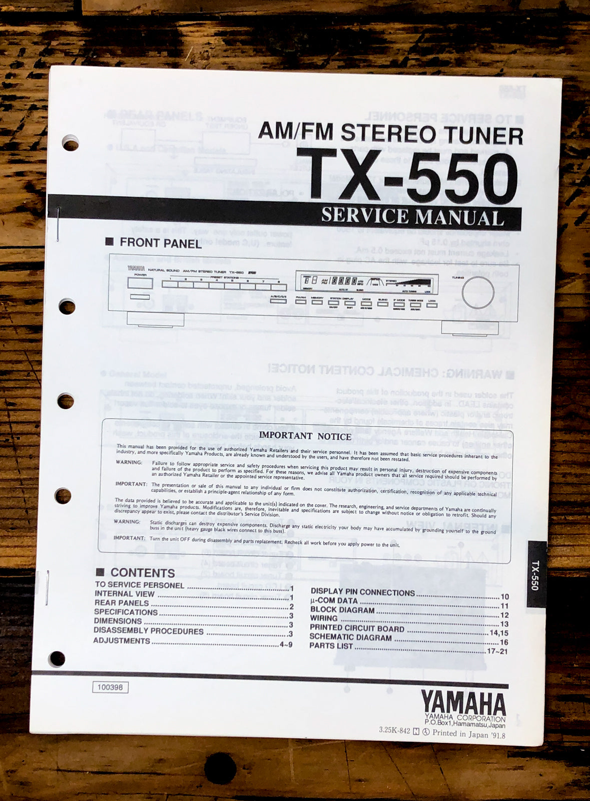 Yamaha TX-550 Tuner Service Manual *Original*