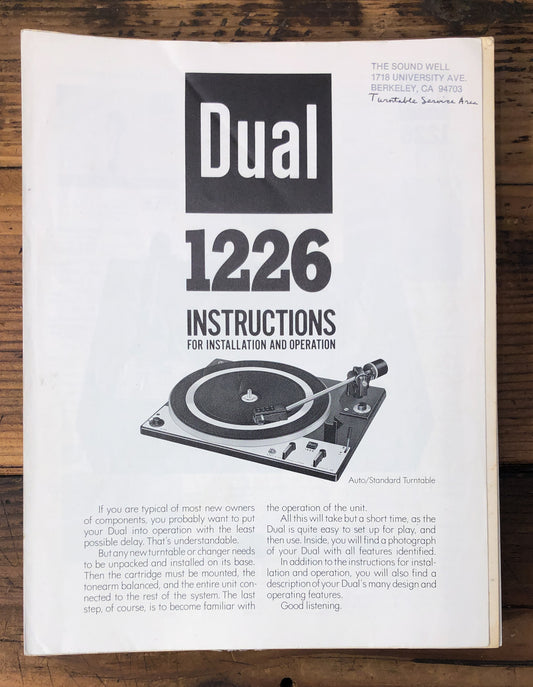 Dual  Model 1226 Record Player / Turntable  Owner / User Manual *Original*