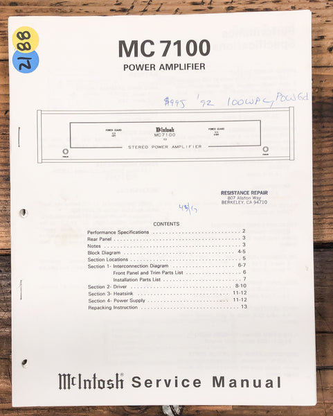 McIntosh MC7100 MC-7100 Amplifier  Service Manual *Original*