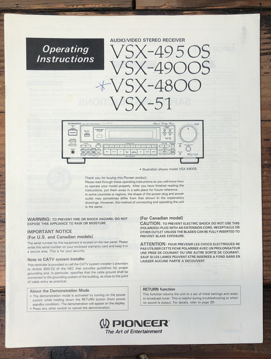 Pioneer VSX-4950S -4900S -4800 -51 Receiver Owners / User Manual *Original*