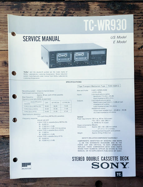 Sony TC-WR930 Cassette  Service Manual *Original*