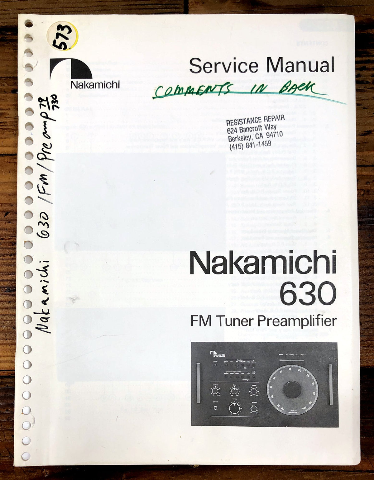 Nakamichi 630 FM Tuner Preamplifier Service Manual *Original*