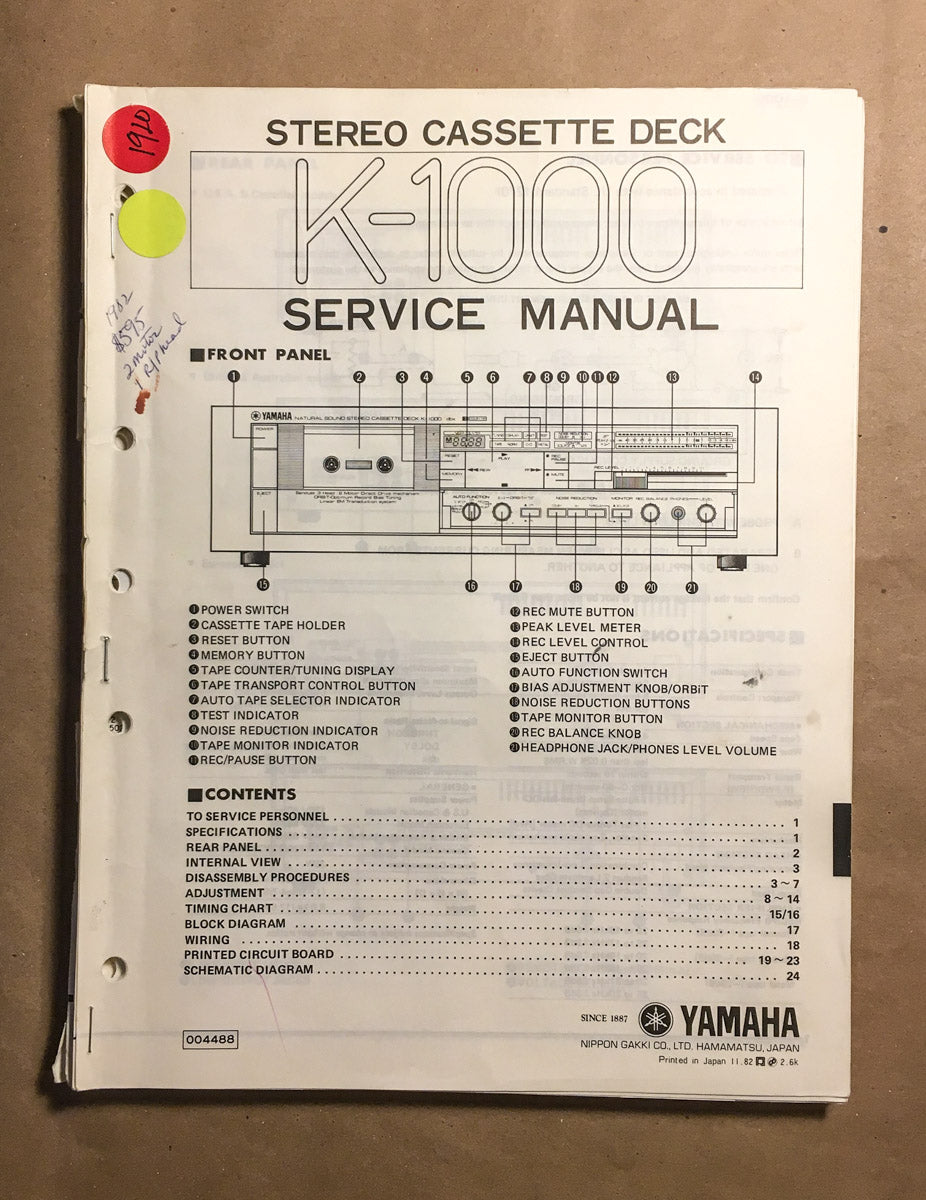 Yamaha K-1000 Cassette  Service Manual *Original*
