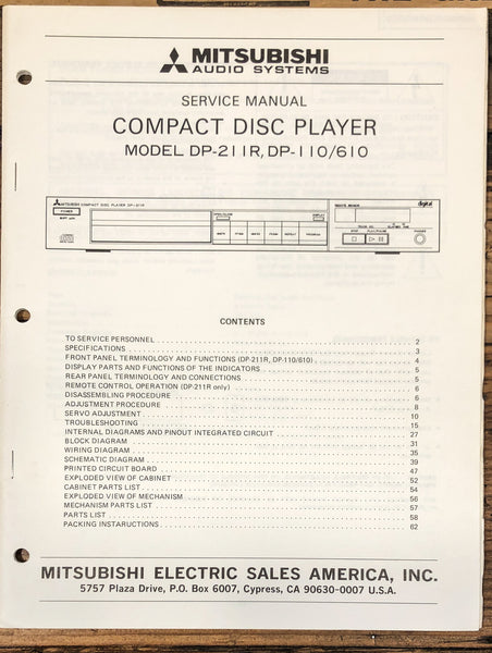 Mitsubishi DP-211R -110 -610 CD Player  Service Manual *Original*