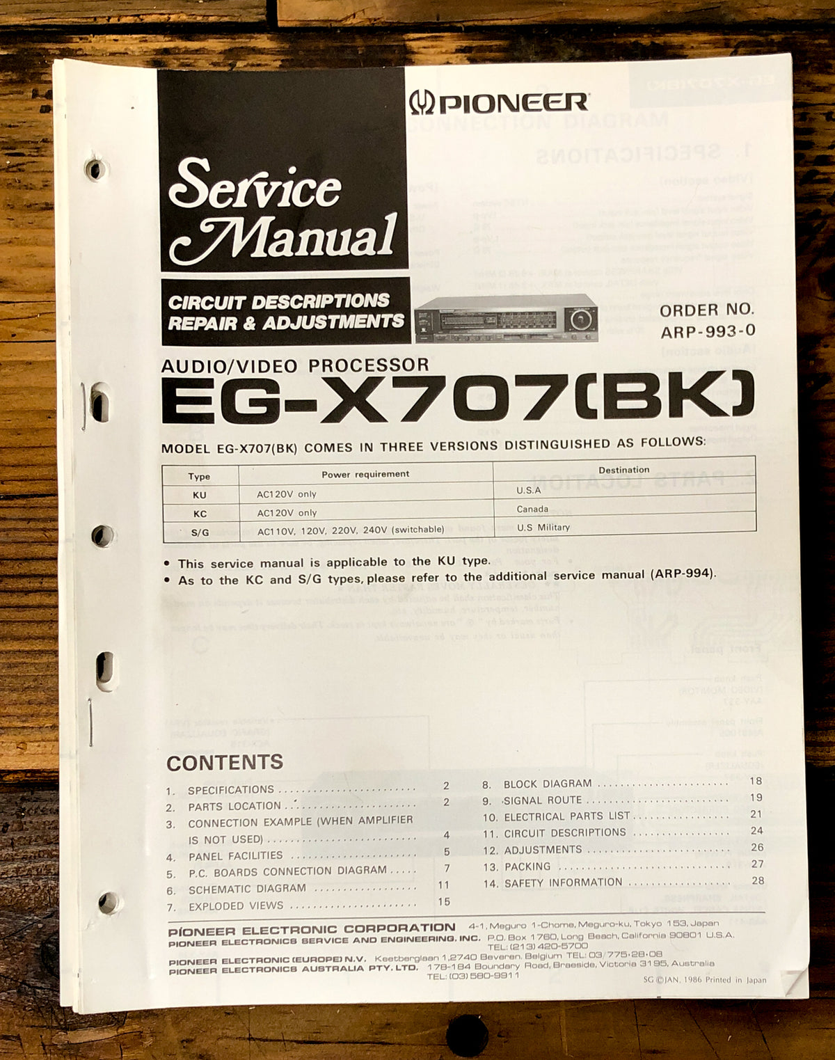 Pioneer EG-X707 Stereo Service Manual *Original*