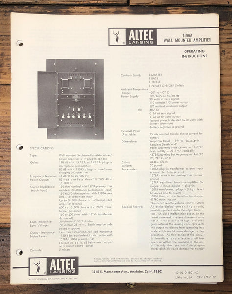 Altec Model 1596A Amplifier  Owners & Schematic Manual *ORIGINAL*