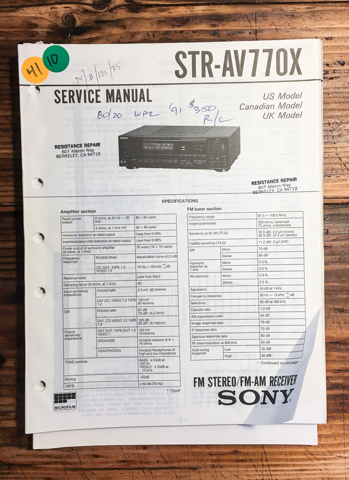 Sony STR-AV770X Receiver  Service Manual *Original*