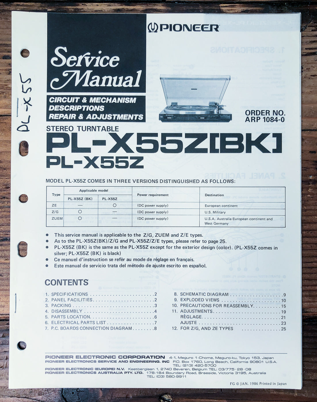 Pioneer PL-X55Z Turntable Service Manual *Original*