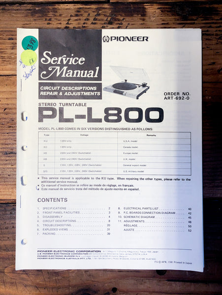 Pioneer PL-L800 Record Player / Turntable  Service Manual *Original*