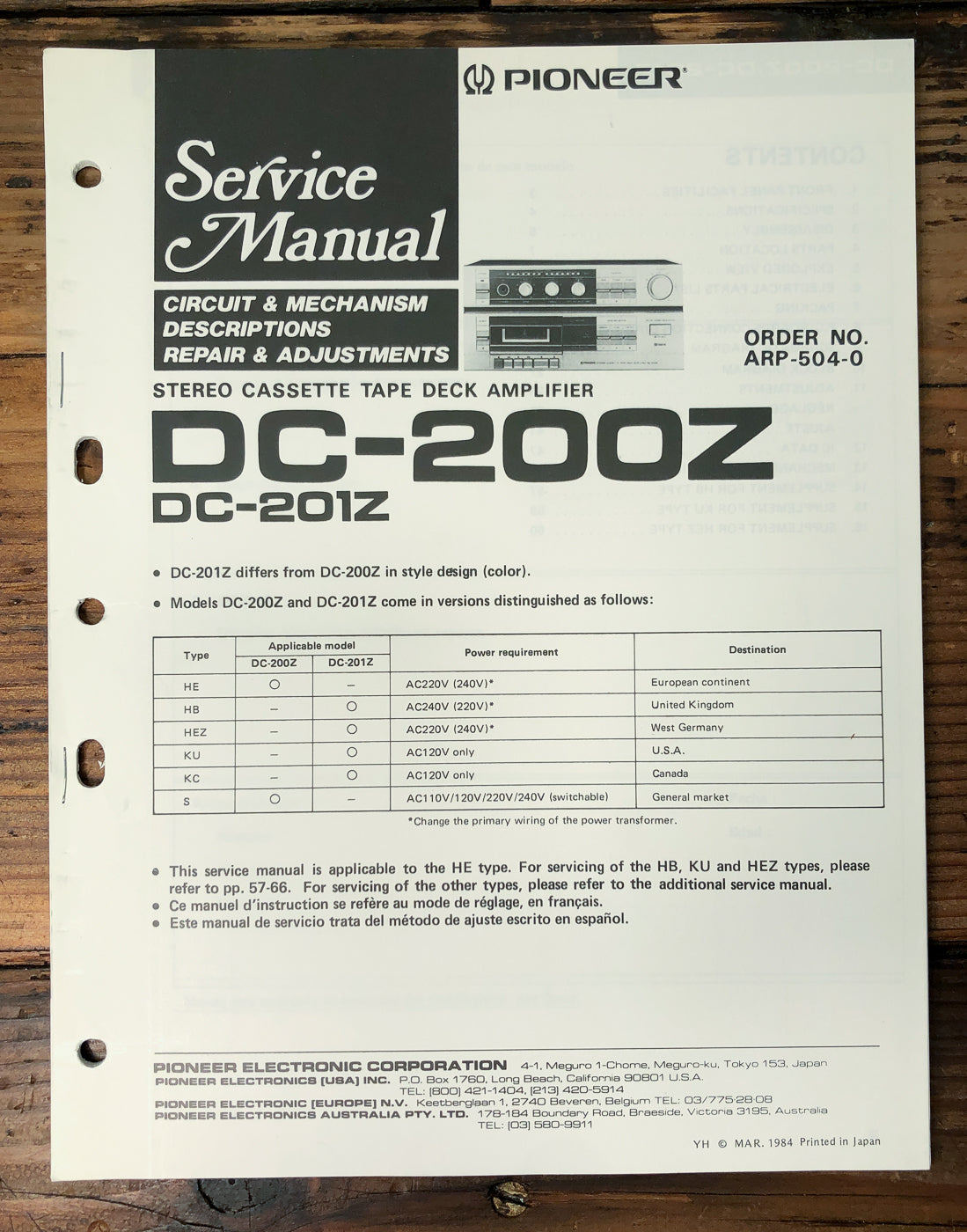 Pioneer DC-200Z DC-201Z Cassette Deck Amplifier Service Manual *Original*