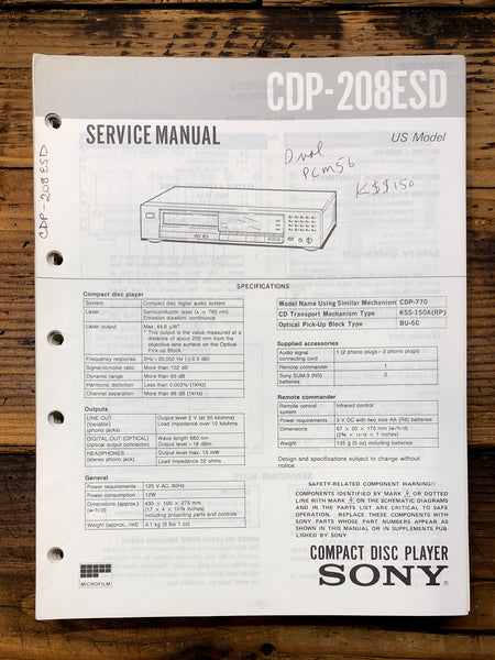 Sony CDP-208ESD CD Player  Service Manual *Original*