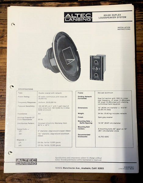 Altec Model 604-8K Speaker  Owners Manual & Schematic *Orig*