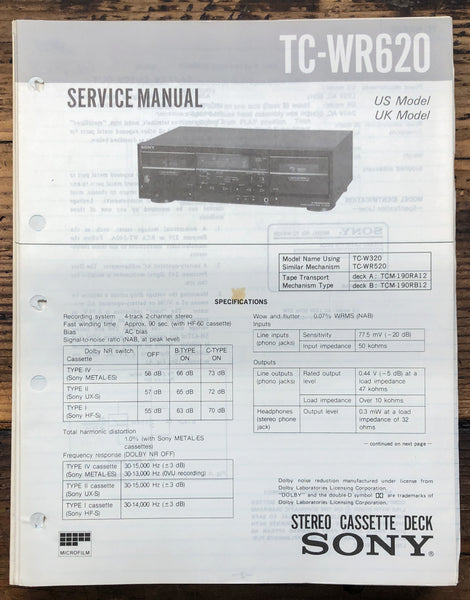 Sony TC-WR620 Cassette  Service Manual *Original*