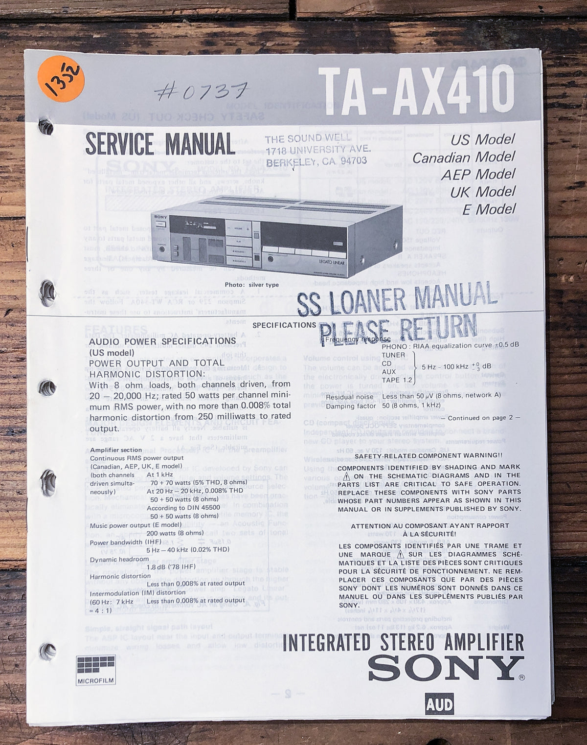 Sony TA-AX410 Amplifier  Service Manual *Original*
