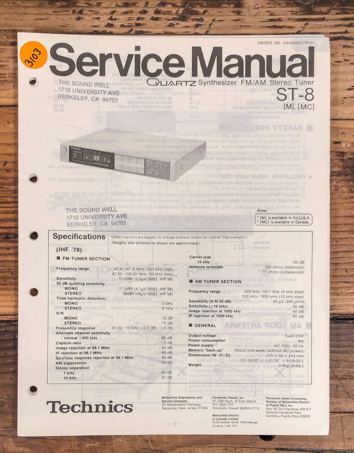 Technics ST-8 Tuner  Service Manual *Original*