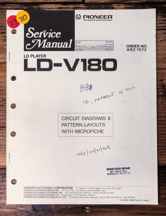 Pioneer LD-V180 LD Player Service Manual *Original*
