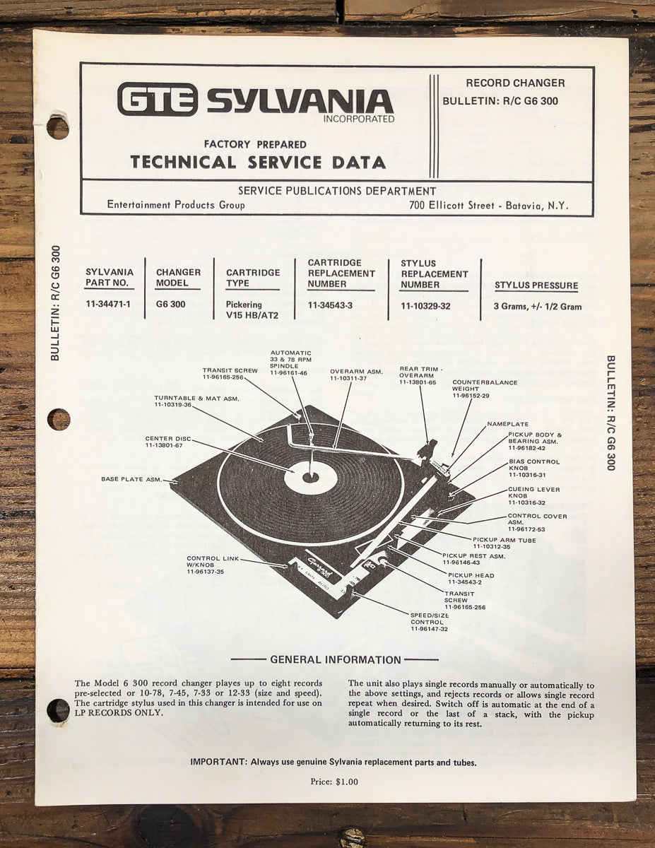 Sylvania / Garrard R/C Model G6 300 Record Changer Service Manual *Original*