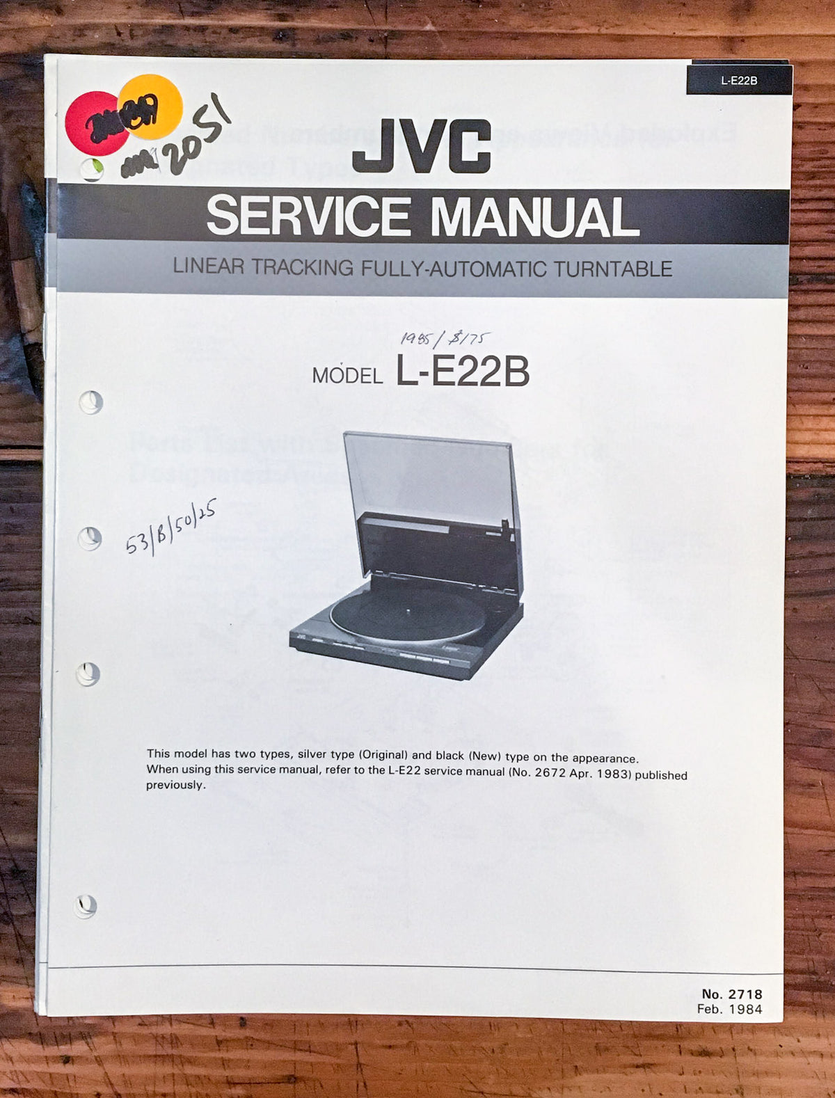 JVC L-E22B Record Player / Turntable  Service Manual *Original*