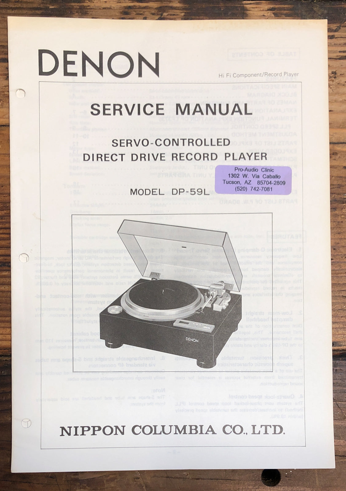 Denon DP-59L Record Player / Turntable Service Manual *Original*
