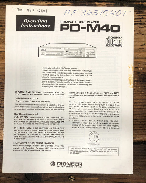 Pioneer PD-M40 CD Player Owners / User Manual *Original*