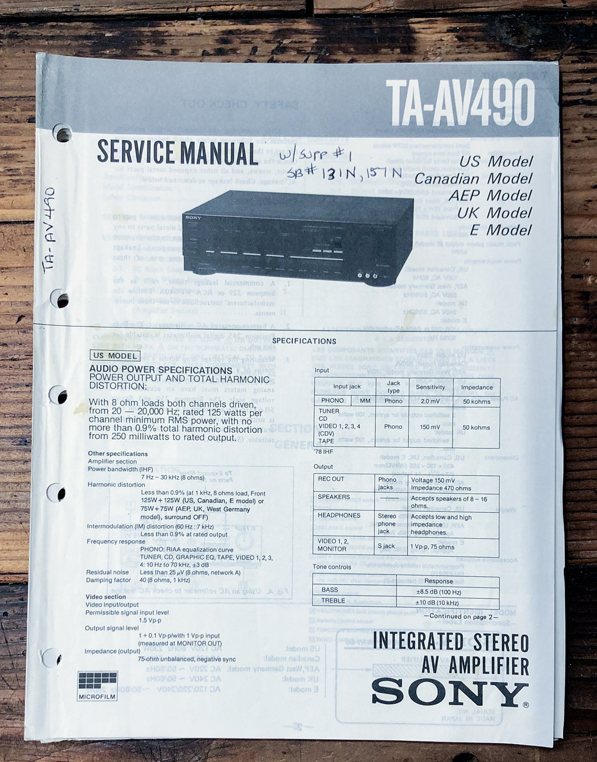 Sony TA-AV490 Amplifier  Service Manual *Original*