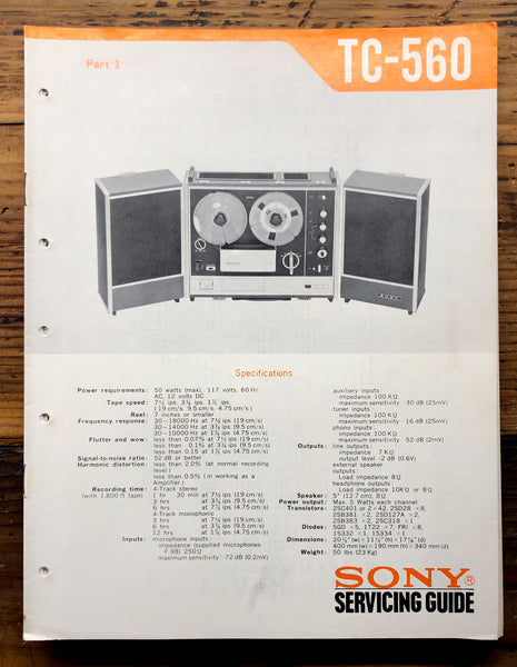 Sony TC-560 Reel to Reel Part 1 Service Manual *Original*