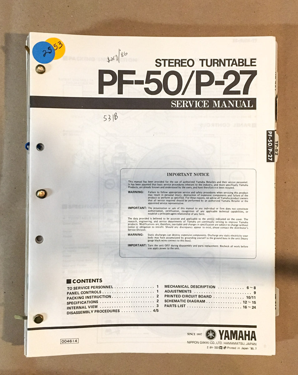 Yamaha PF-50 P-27 Record Player / Turntable  Service Manual *Original*