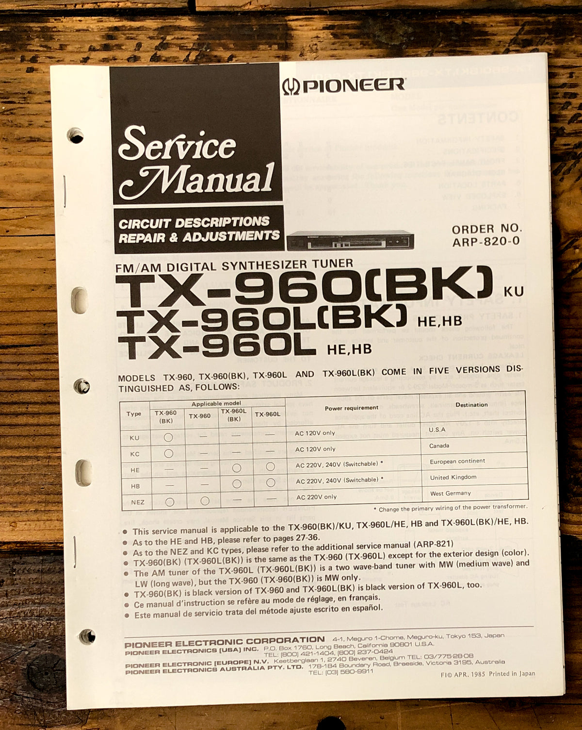Pioneer TX-960 TX-960L Tuner Service Manual *Original*