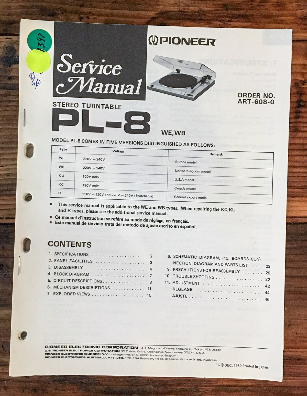 Pioneer PL-8 Record Player / Turntable  Service Manual *Original*