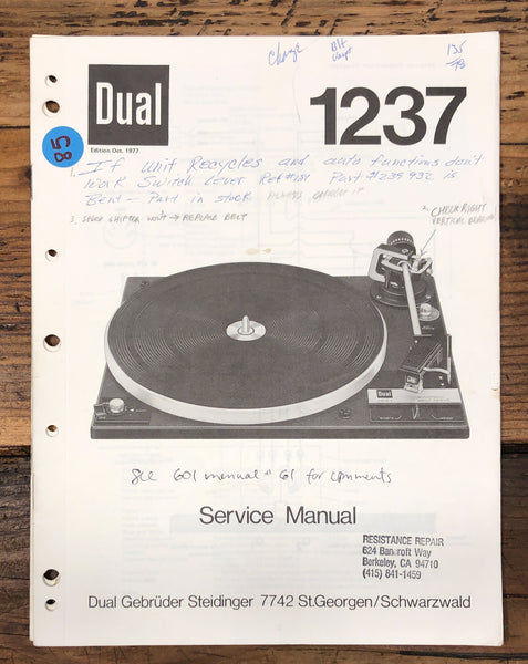 Dual Model 1237 Record Player / Turntable Service Manual *Original*