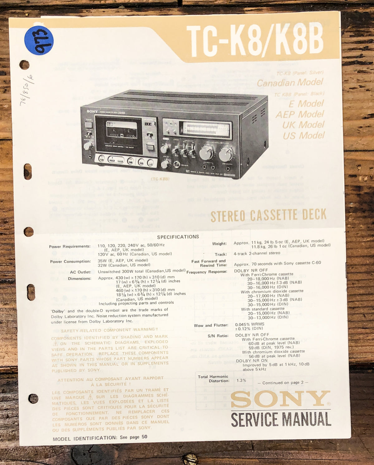 Sony TC-K8 TC-K8B Cassette Service Manual *Original*