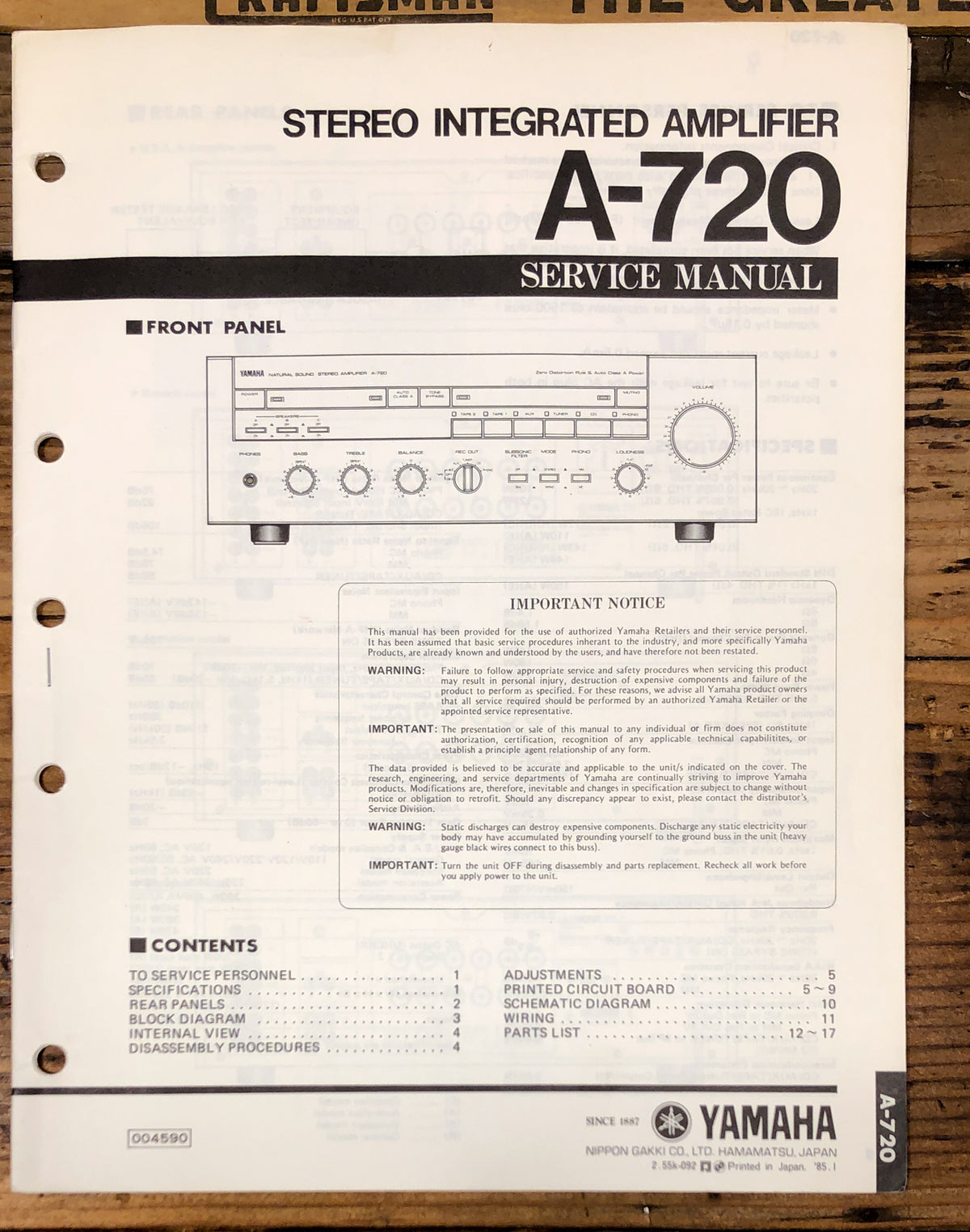 Yamaha A-720 Amplifier Service Manual *Original*
