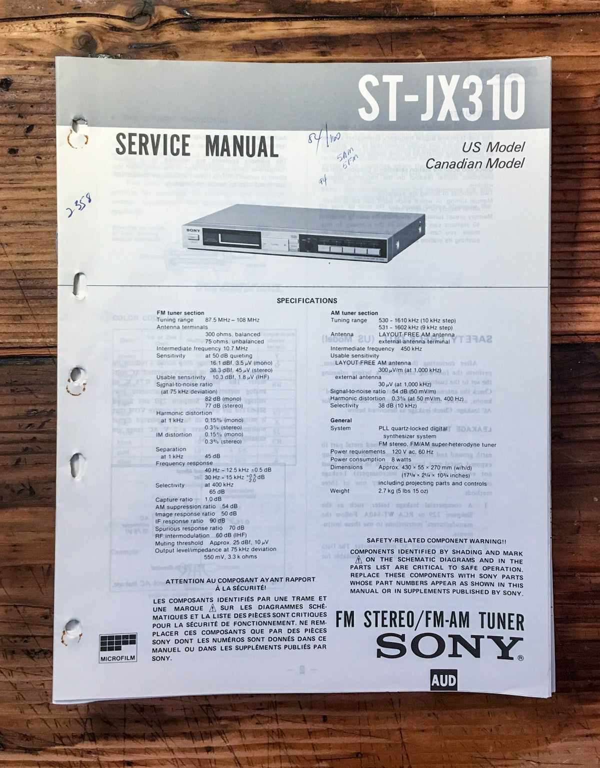 Sony ST-JX310 Tuner  Service Manual *Original*