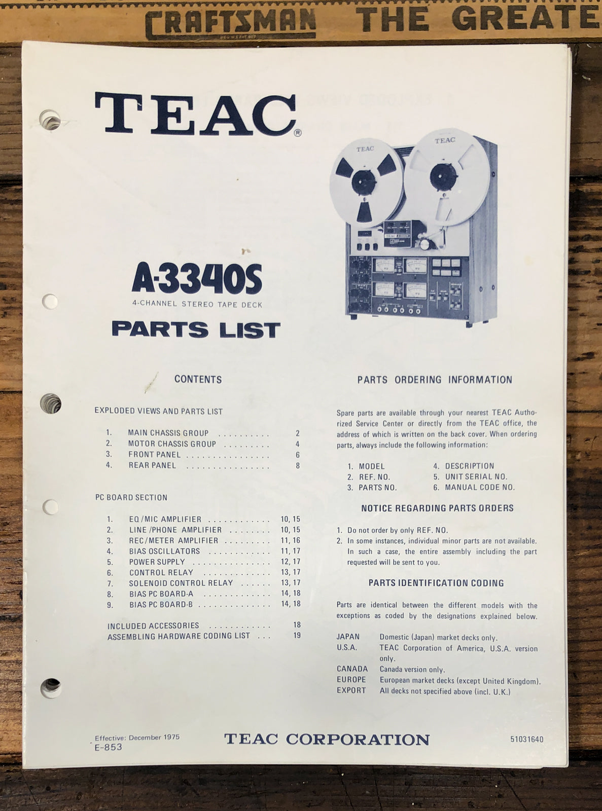 Teac A-3340S Reel to Reel  Parts List Manual *Original*