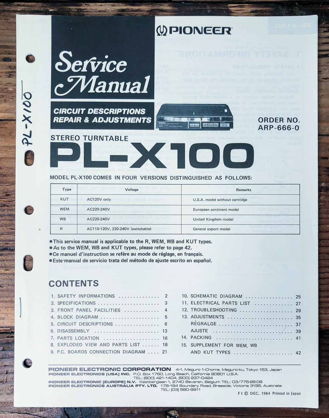 Pioneer PL-X100 Turntable Service Manual *Original*