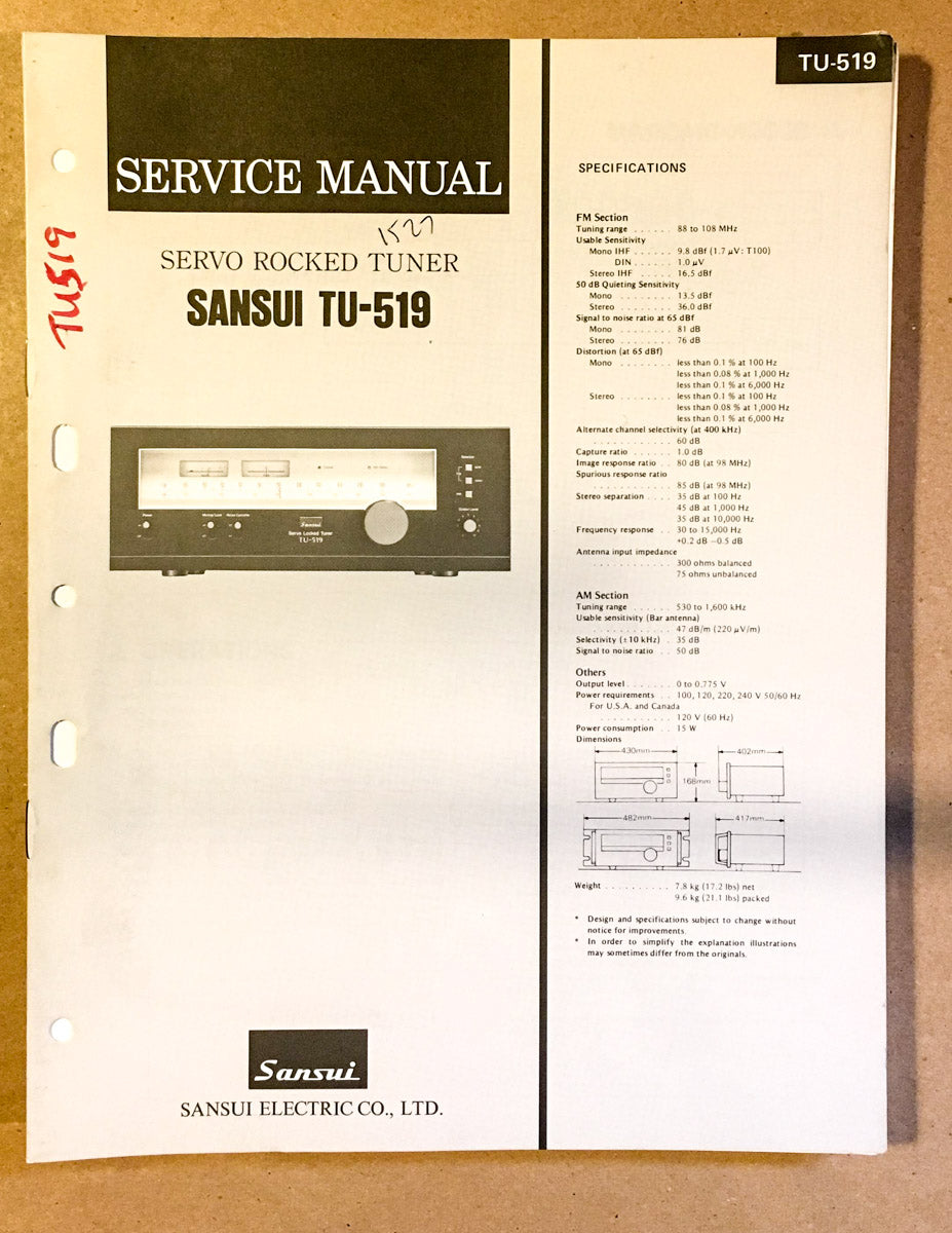 Sansui TU-519 Tuner Service Manual *Original*