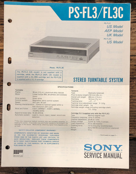 Sony PS-FL3 PS-FL3C Record Player / Turntable Service Manual *Original*