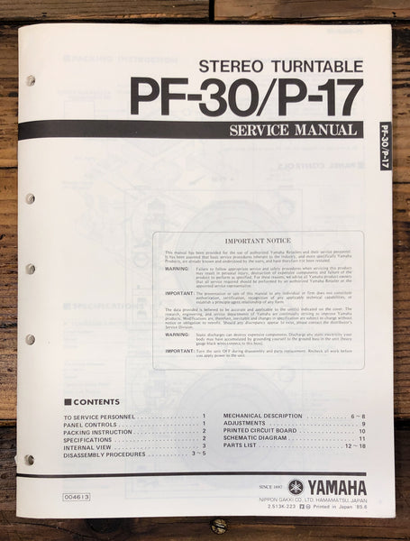 Yamaha PF-30 P-17 Record Player / Turntable  Service Manual *Original*