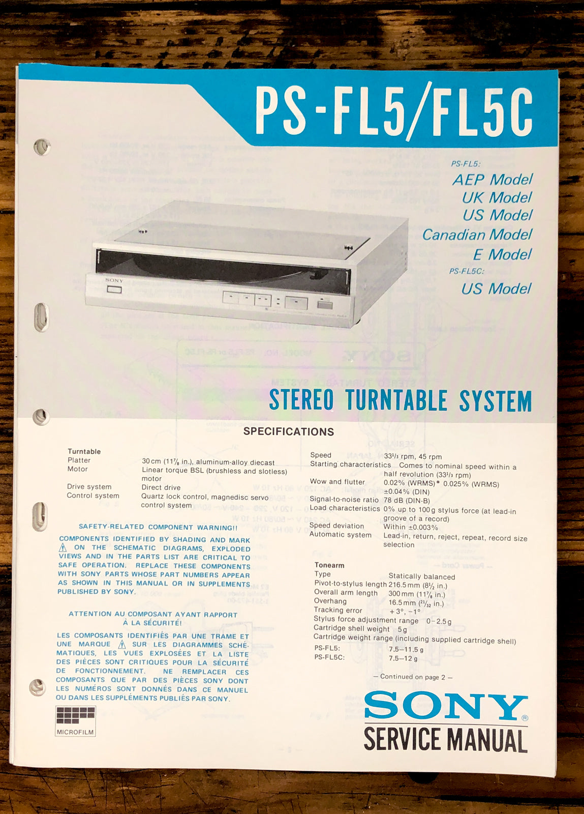 Sony PS-FL5 PS-FL5C Record Player / Turntable  Service Manual *Original*