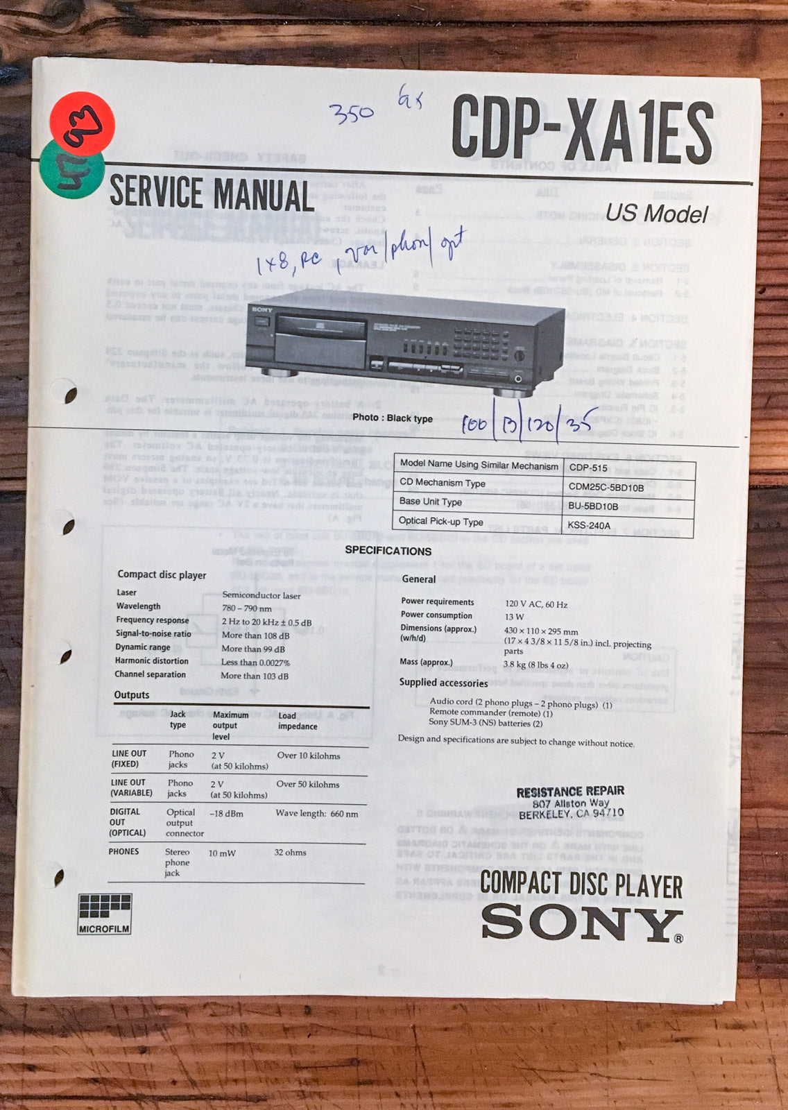 Sony CDP-XA1ES CD Player  Service Manual *Original*