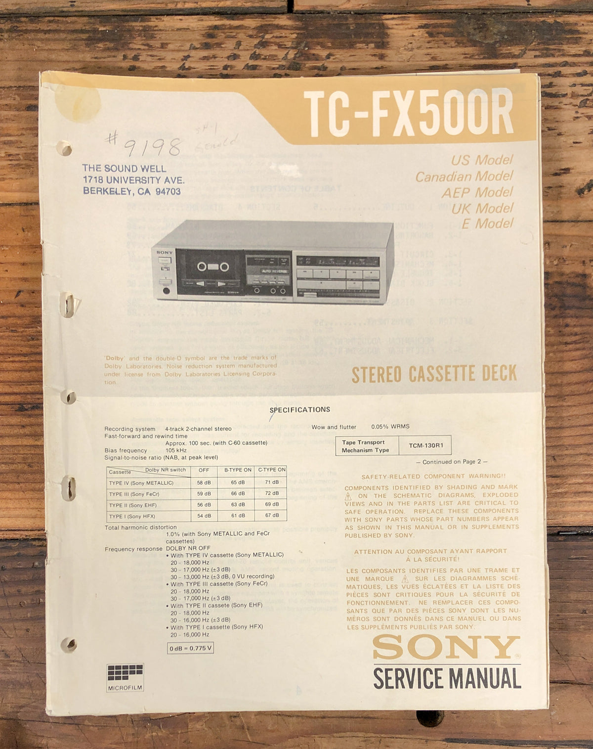 Sony TC-FX500R Cassette  Service Manual *Original*