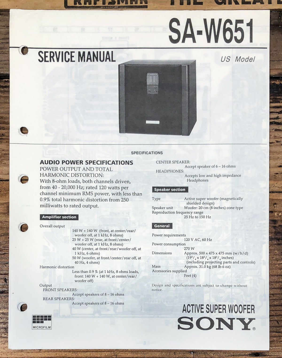 Sony SA-W651 Super Woofer  Service Manual *Original*