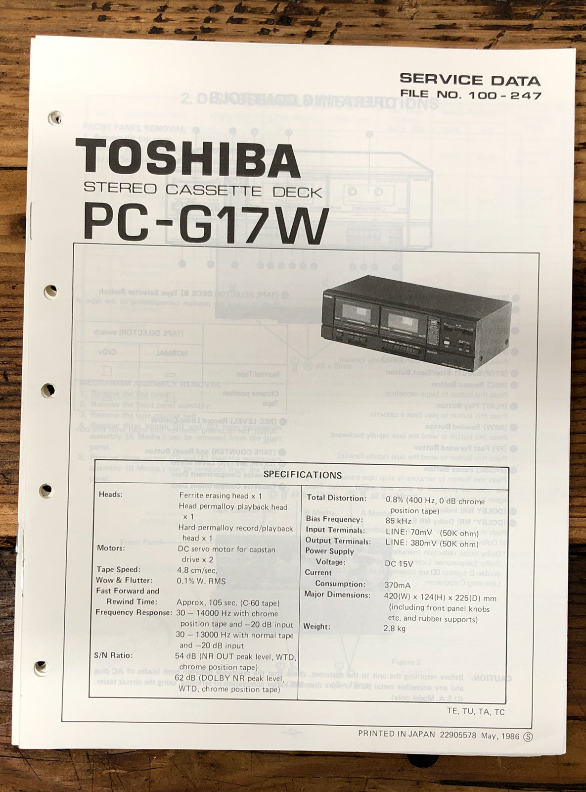 Toshiba PC-G17W Cassette Deck  Service Manual *Original*