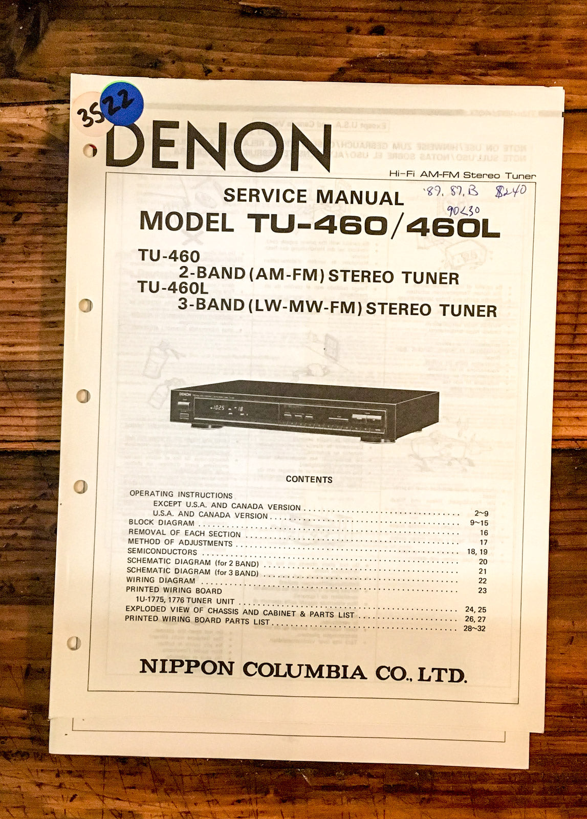 Denon TU-460 TU-460L Tuner  Service Manual *Original*